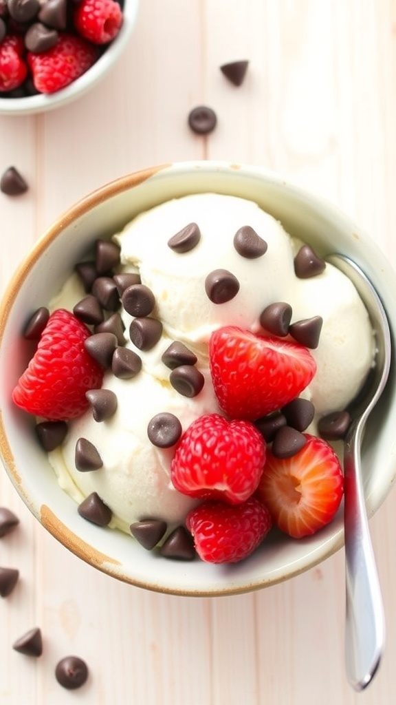 A bowl of no-churn ice cream with chocolate chips and berries on a wooden table.